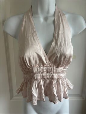 Satin Blush Halter Ruffle Peplum Top
